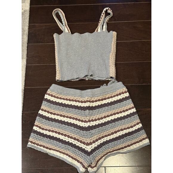 Crochet Knit Two-Piece Set With Striped Crop Top & Shorts Boho Style Beachwear F - Picture 5 of 5